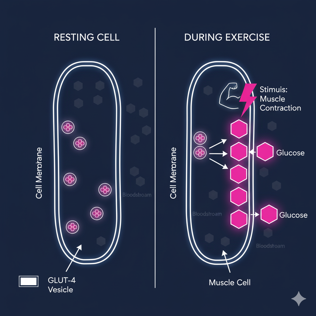 Diagram illustrating the cellular mechanism of exercise-induced GLUT-4 translocation in a muscle cell.