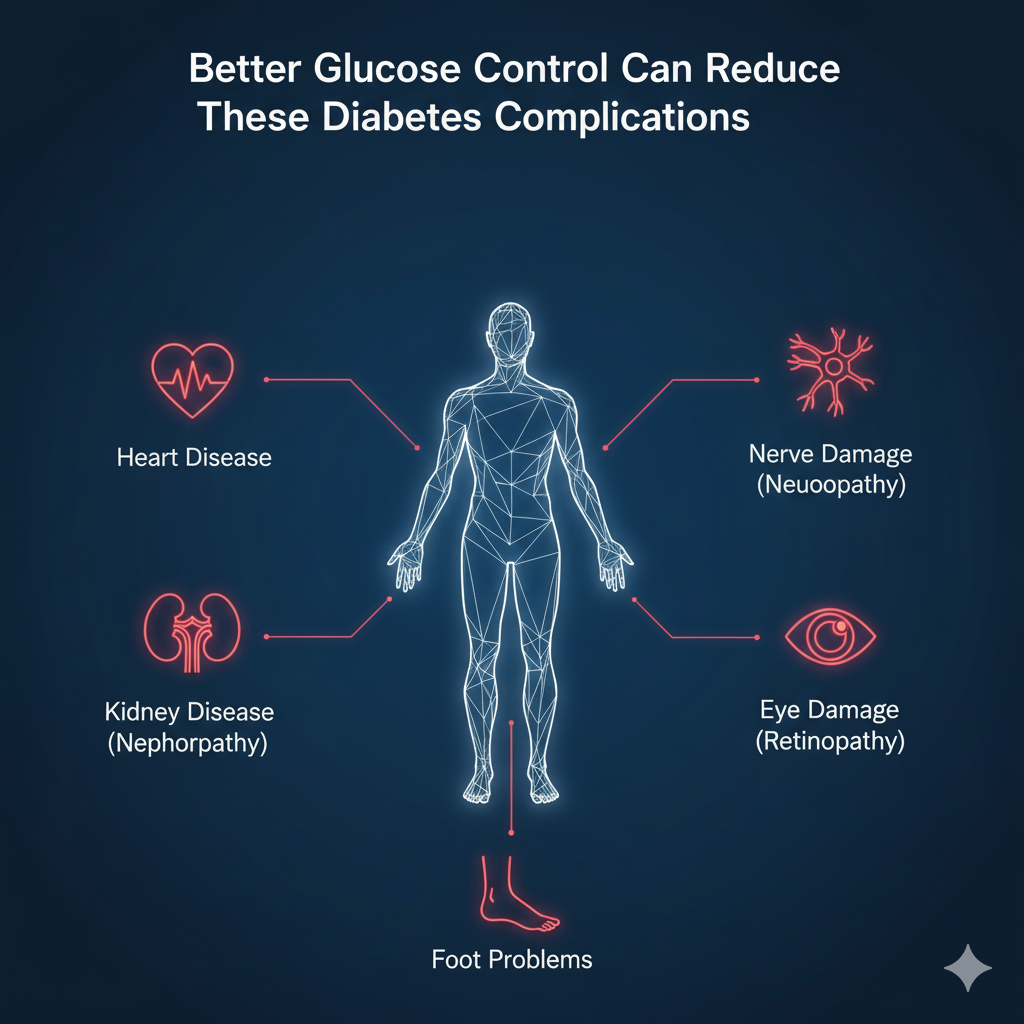 Infographic highlighting common diabetes complications that can be mitigated through better glucose control.