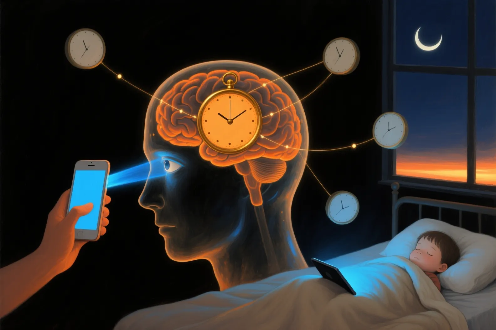 Blue light from a phone travels into the eye toward a glowing clock in the brain as a child sleeps beside a lit tablet