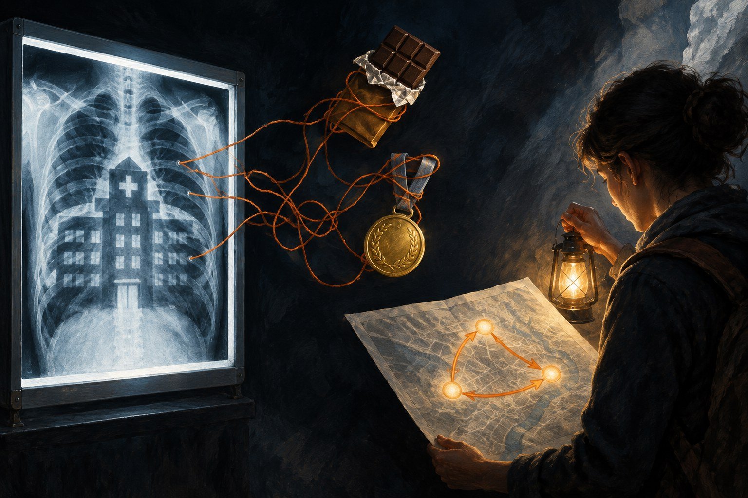 Chest X ray shadow shaped like a hospital orange threads to chocolate and a medal a figure reading a causal map