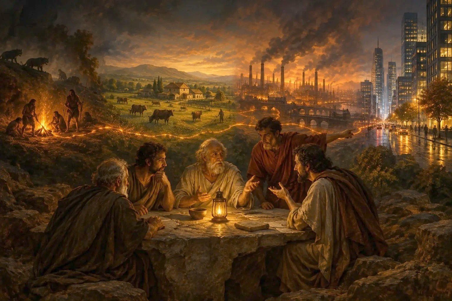 Ancient philosophers debate at a stone table while human history unfolds behind them from a Paleolithic campfire to a modern city