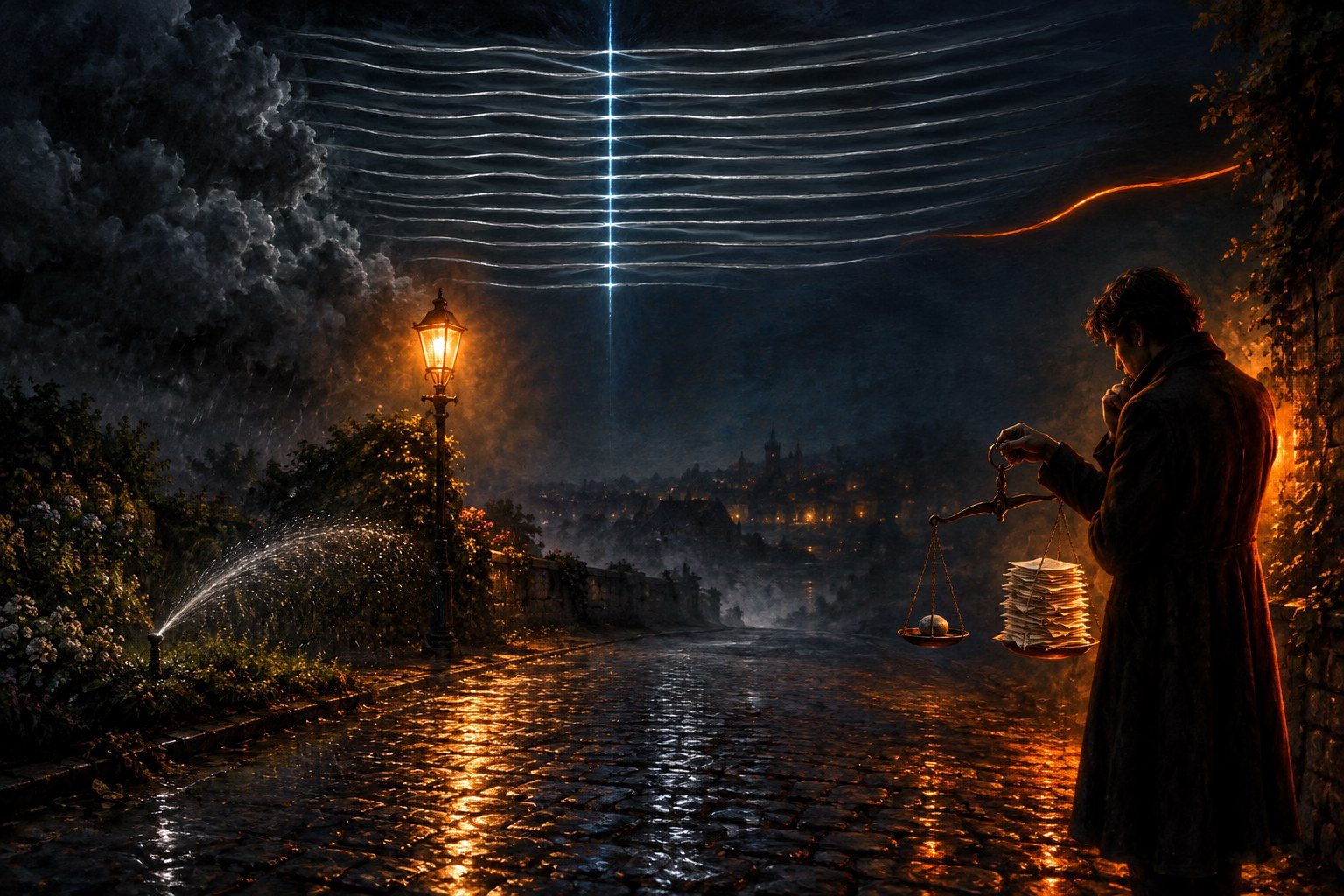 Painterly night street a wet road lit by a streetlamp rain clouds and a garden sprinkler twenty glowing ribbons across the sky with one orange stray and a figure weighing a small stone against a stack of papers