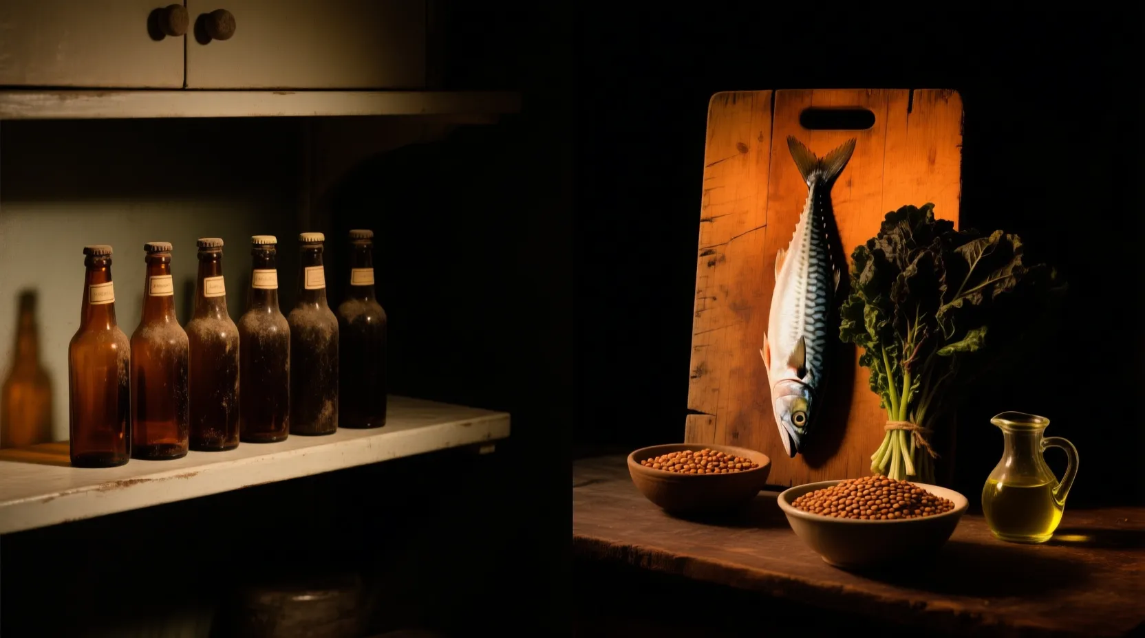Shelf of unlabelled supplement bottles in shadow beside a lit board of mackerel lentils greens and olive oil