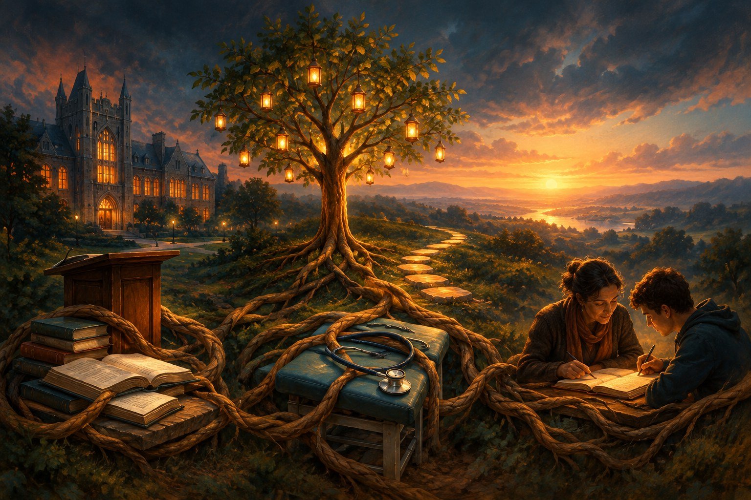 Three roots from books a stethoscope and a mentor with a student grow into one glowing tree beside a path toward dawn